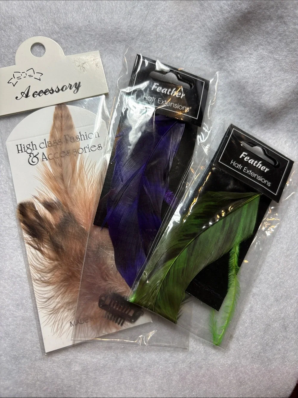 3 Feather Hair Extensions - Purple, Green & Tan
